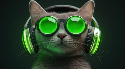 Fototapeta premium Cat wearing green-tinted goggles and headphones, with a dark background