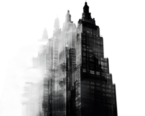 Stunning black and white skyscraper with fog effects, white isolated background.