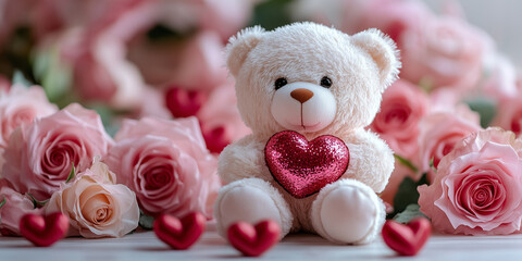 Cute bear with heart and roses