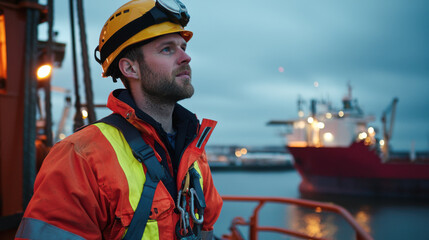 maintenance engineer worker in safety gear gazes at harbor