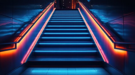 Neon-lit staircase ascending into darkness.