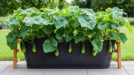 A black planter with cucumbers growing in it