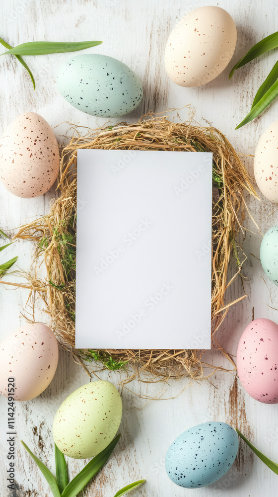 Aufkleber easter eggs and blank card in a nest on white wooden background with space for greetings