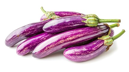 Close-up image of shiny purple eggplant with smooth skin and subtle stem details, isolated on white background, rich saturation and sharp focus 