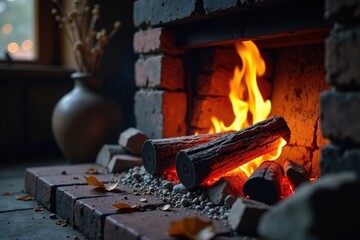 A crackling fireplace with burning coals and smoke, autumn, coals, glow
