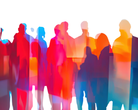 Silhouetted crowd with colorful overlays, vibrant and abstract representation.