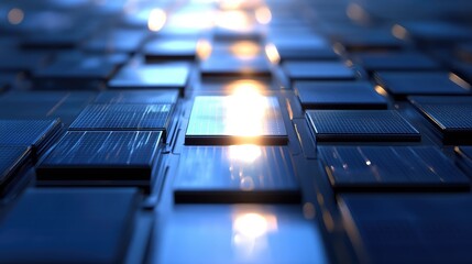 A conceptual solar-powered microchip on a reflective surface, with tiny solar cells illuminated under a bright light source