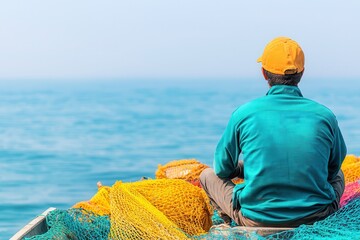 Fisherman aesthetic evokes ocean adventure. A fisherman sits on a boat surrounded by colorful nets.