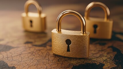 travel restrictions concept. Golden locks on a textured surface symbolizing security and protection.