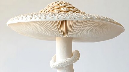 Detailed close-up emphasizing fine patterns on mushroom cap and stem, white backdrop enhancing color contrast, simple composition drawing attention to detail 