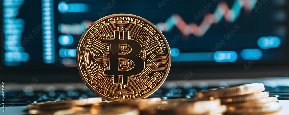Poster bitcoin cryptocurrency coin standing on laptop keyboard showing stock market chart