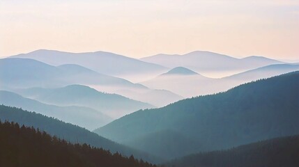 Fototapeta premium Misty Mountain Landscape at Sunrise with Clouds and Forest View