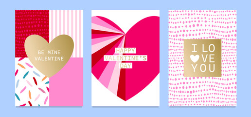 Set of modern Valentine’s Day cards with hearts, gold accents, and abstract patterns. Romantic design for love celebrations, greeting cards, and prints.