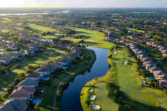 Aerial view of a golf course community with lush greens and winding waterways.