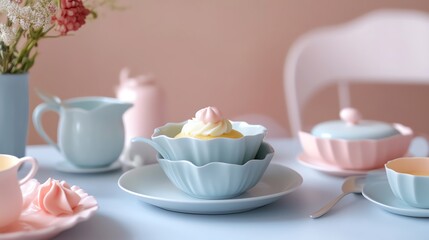 Delicate pastel table setting with dessert and floral elements.