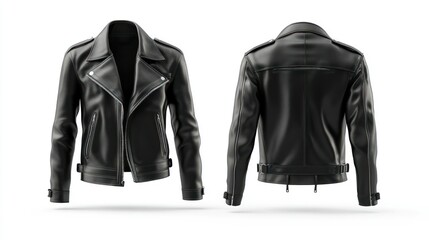 A black leather motorcycle jacket displayed from front and back views.