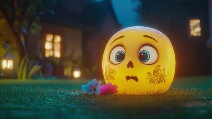 Sad Cartoon Character Sitting in Dark Eerie Outdoor Scene at Night