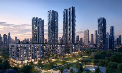 Obraz premium Modern urban landscape featuring high-rise buildings and green spaces at dusk.