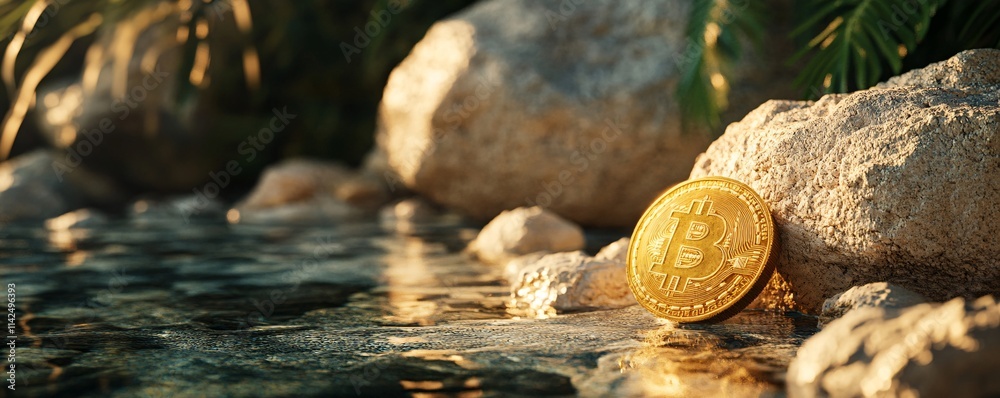 Aufkleber bitcoin partially submerged in water next to rocks in nature