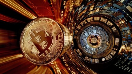 Fototapeta premium A surreal abstract vortex of golden and silver cryptocurrency coins spiraling through a tunnel of neon light trails and glowing blockchain patterns.