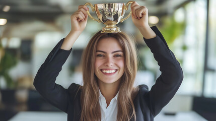 Employee of the month, rewarding personnel who reach sales targets, Achieving company goals, Star employee, Businesswoman raising the employee of the month trophy