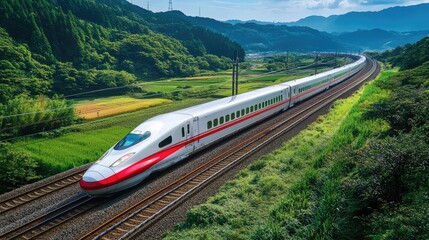 Fototapeta premium A cross-country high-speed rail journey depicted with trains running on parallel tracks through diverse terrains