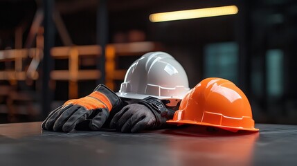 Ensuring safety with ppe industrial equipment setup featuring hard hats and gloves in a warehouse environment