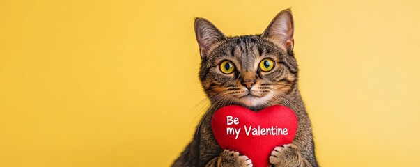 Cute cat holding heart with text "Be my Valentine", yellow background