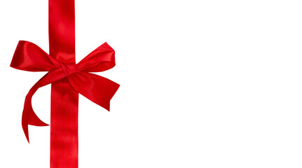 A vibrant red satin ribbon tied in a perfect bow, placed vertically on an isolated background. Ideal for celebrations. 
