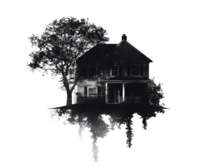 A unique black and white house silhouette with a tree on a white isolated background.