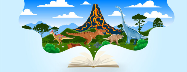 Kids book with prehistoric dinosaurs landscape, cartoon dino animals and volcano. Vector jurassic tyrannosaurus, centrosaurus, titanosauria and parasaurolophus dinosaurs characters coming out of book © Vector Tradition