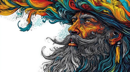 Vibrant and Detailed Portrait of a Wise Man with Colorful Mustache and Flowing Hair in a Unique Artistic Style, Showcasing Rich Colors and Intricate Patterns