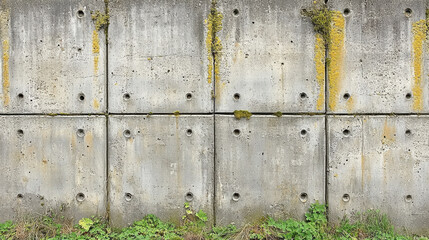 Textured grey concrete wall with moss and grass, showcasing weathered appearance and industrial design. surface features holes and patches of yellow, adding character