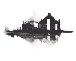 Abstract silhouette of a dilapidated building on a reflective surface.