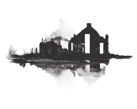 Abstract silhouette of a dilapidated building on a reflective surface.