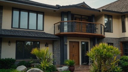 Fototapeta premium Two-story residential building with beige stucco, dark gray stone accents, dark-framed windows, and a wooden balcony. Landscaping includes shrubs and rock features.