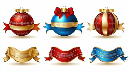 Festive ornaments and ribbons in vibrant colors, perfect for holiday decorations. These decorative elements include red and blue baubles with gold accents and elegant ribbons