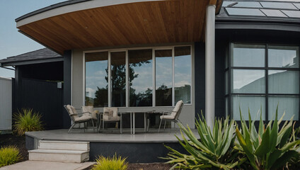 Fototapeta premium Modern home exterior with a covered patio featuring a wood ceiling, large windows, dark gray siding, and patio furniture. Landscaping includes greenery bordering the patio and walkway.