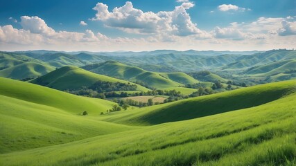 Obraz premium Green Hills Meadows Under Blue Sky White Clouds Panorama Banner
