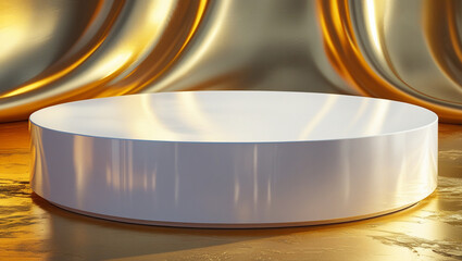 3D rendering white circular podium on gold background High quality isolated background