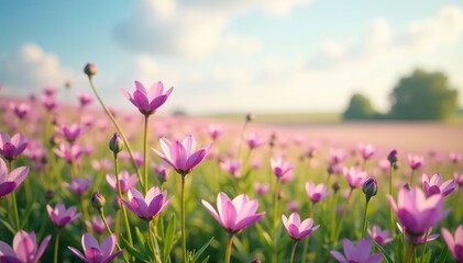 Fototapeta premium A field of pale pink and lavender wildflowers swaying gently, gentle breeze, nature landscape