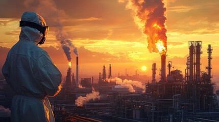 Team of engineers in hazmat suits analyze the burning chimneys of an oil refinery as smoke fills the sky and industrial pipes surround them.
