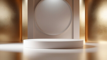 3D rendering white circular podium on gold background High quality isolated background