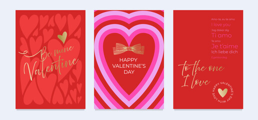 Set of Valentine’s Day greeting cards with hearts and gold typography. Romantic and modern design for Valentine’s Day celebrations, cards, and prints.