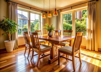 Fototapeta premium Cream & Wood Dining Room: Rustic Elegance Documentary Photography