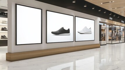 Mockup perspective white horizontal blank billboard on the wall of shoes shop near corridor in shopping mall, empty Space for insert advertisement, promotion or information