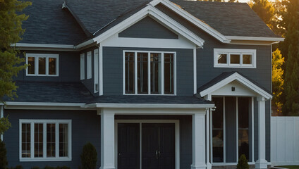 Naklejka premium Two-story gray house with white trim, featuring a double garage door, multiple windows, and a prominent front entrance with columns under a peaked roof. The setting suggests a residential neighborhood