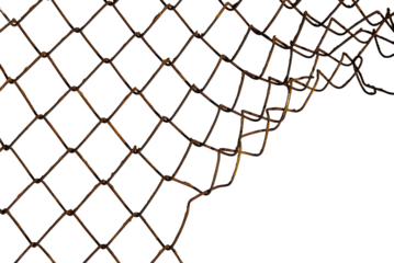 The texture of the metal mesh on a white background. Torn steel, metal mesh with holes