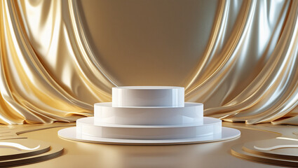 3D rendering white circular podium on gold background High quality isolated background
