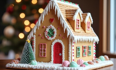 Festive gingerbread house with decorations